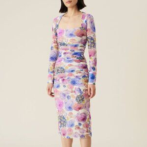 GANNI Floral Printed Mesh Ruched Midi Dress - Multicolor
